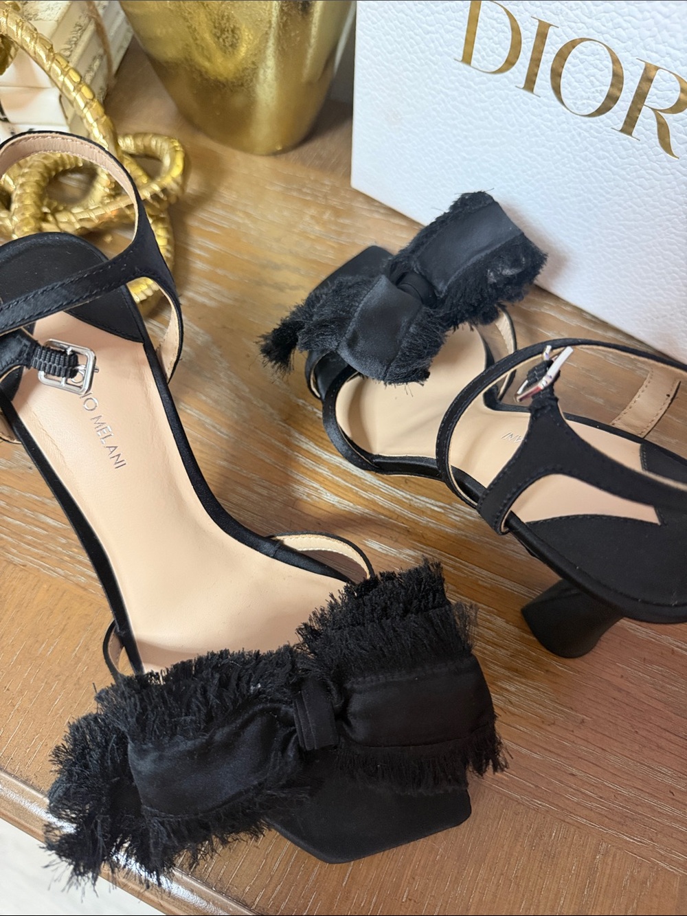 ANTONIO MELANI Black Fringed Bow Block Heel Sandals